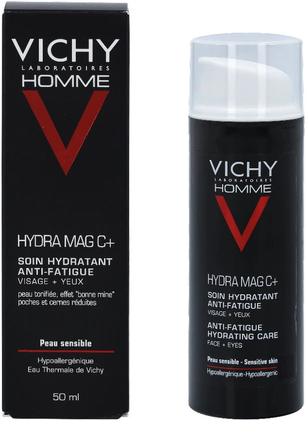 Vichy Homme Hydramag C Anti Fatigue Hydrating Care drėkinantis veido ir akių kremas vyrams, 50 ml