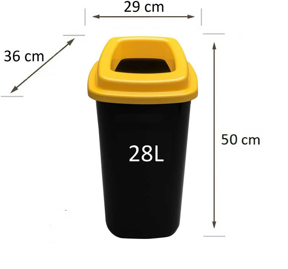 28L juoda plastikinė šiukšlių dėžė su geltonu atviru dangčiu