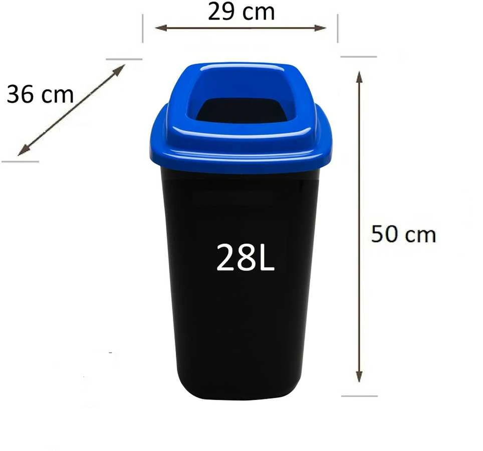 28L juoda plastikinė šiukšlių dėžė su mėlynu atviru dangčiu