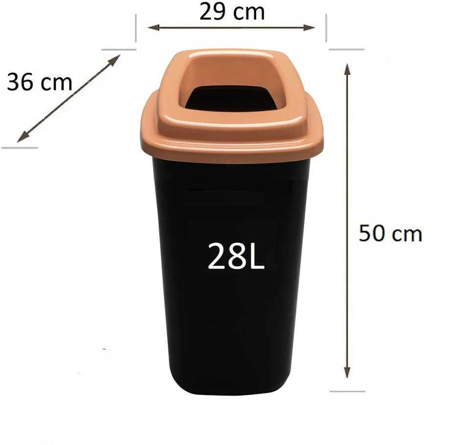 28L juoda plastikinė šiukšlių dėžė su rudu atviru dangčiu