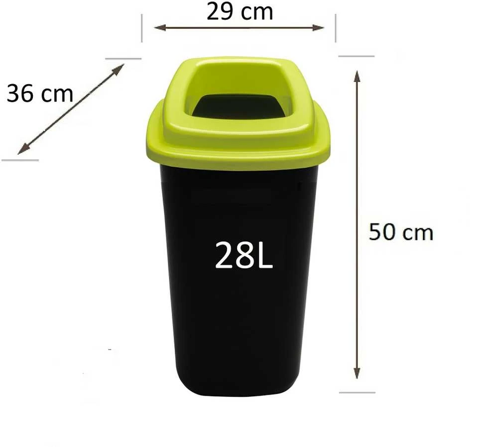 28L juoda plastikinė šiukšlių dėžė su žaliu atviru dangčiu