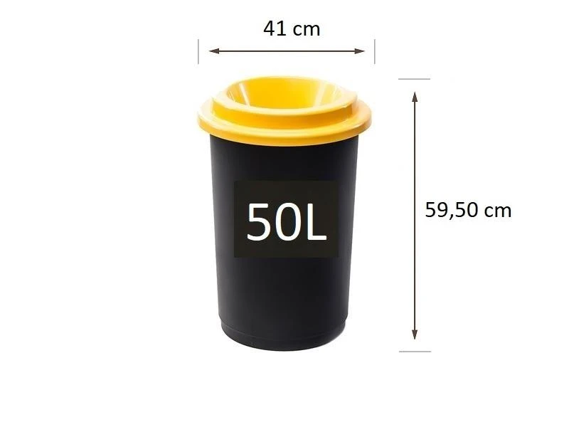 50L juoda plastikinė šiukšlių dėžė su geltonu atviru dangčiu