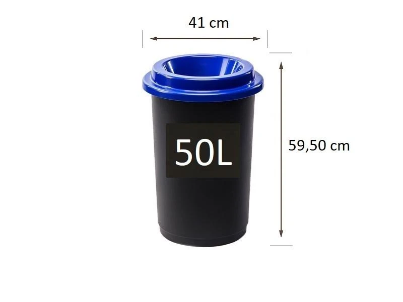 50L juoda plastikinė šiukšlių dėžė su mėlynu atviru dangčiu