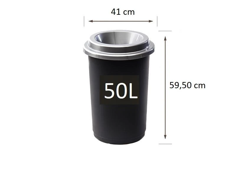 50L juoda plastikinė šiukšlių dėžė su pilku atviru dangčiu