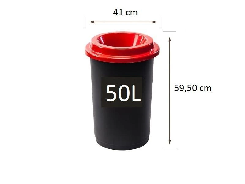 50L juoda plastikinė šiukšlių dėžė su raudonu atviru dangčiu