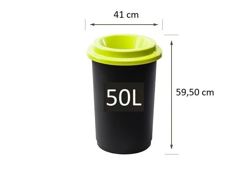 50L juoda plastikinė šiukšlių dėžė su žaliu atviru dangčiu
