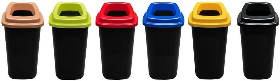 90L juoda plastikinė šiukšlių dėžė su raudonu atviru dangčiu