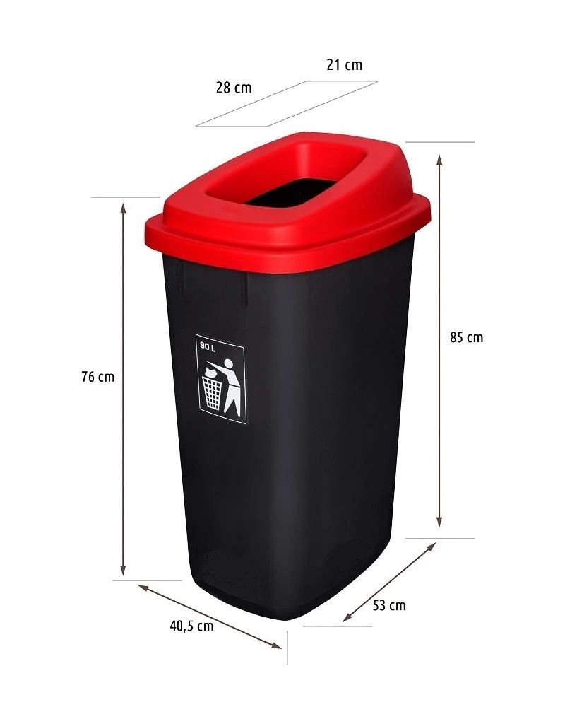 90L juoda plastikinė šiukšlių dėžė su raudonu atviru dangčiu