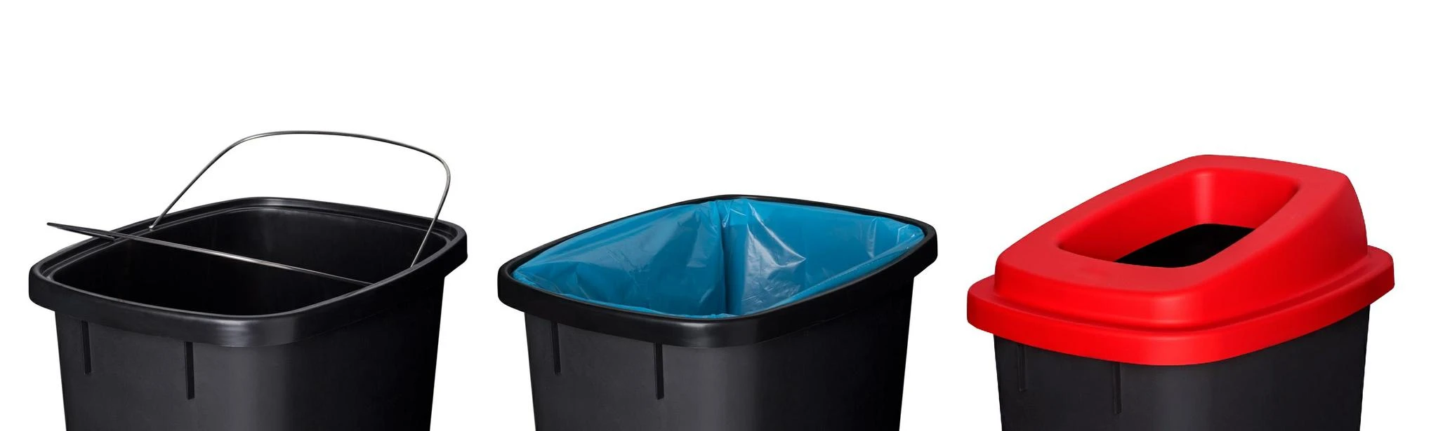 90L juoda plastikinė šiukšlių dėžė su raudonu atviru dangčiu