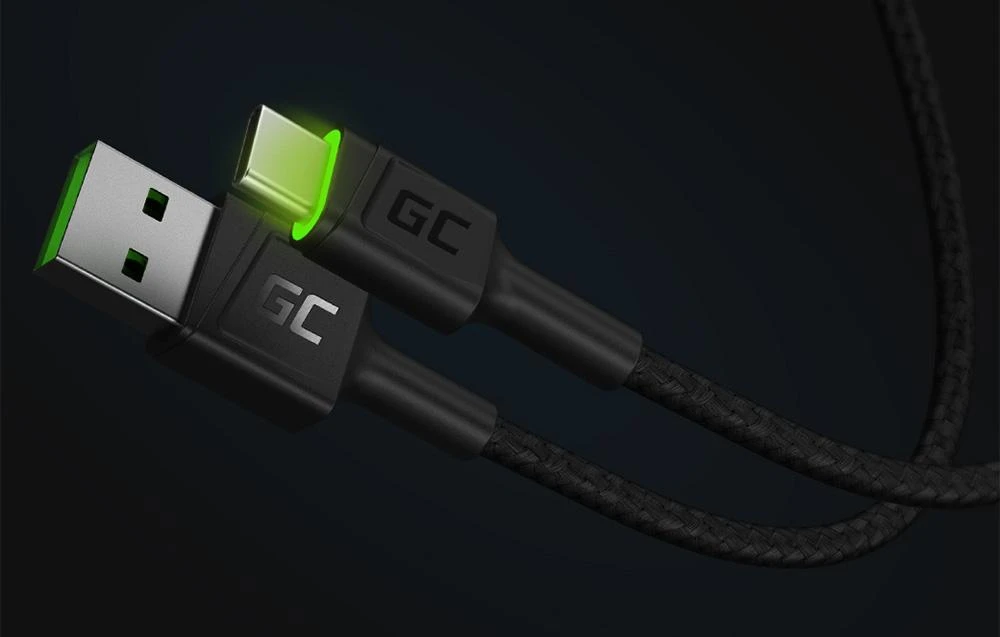Green Cell Žalias Cell Cable Žalias Cell Ray USB-A - USB-C Žalias LED 200cm su Ultra Charge QC3.0 greito įkrovimo palaikymu