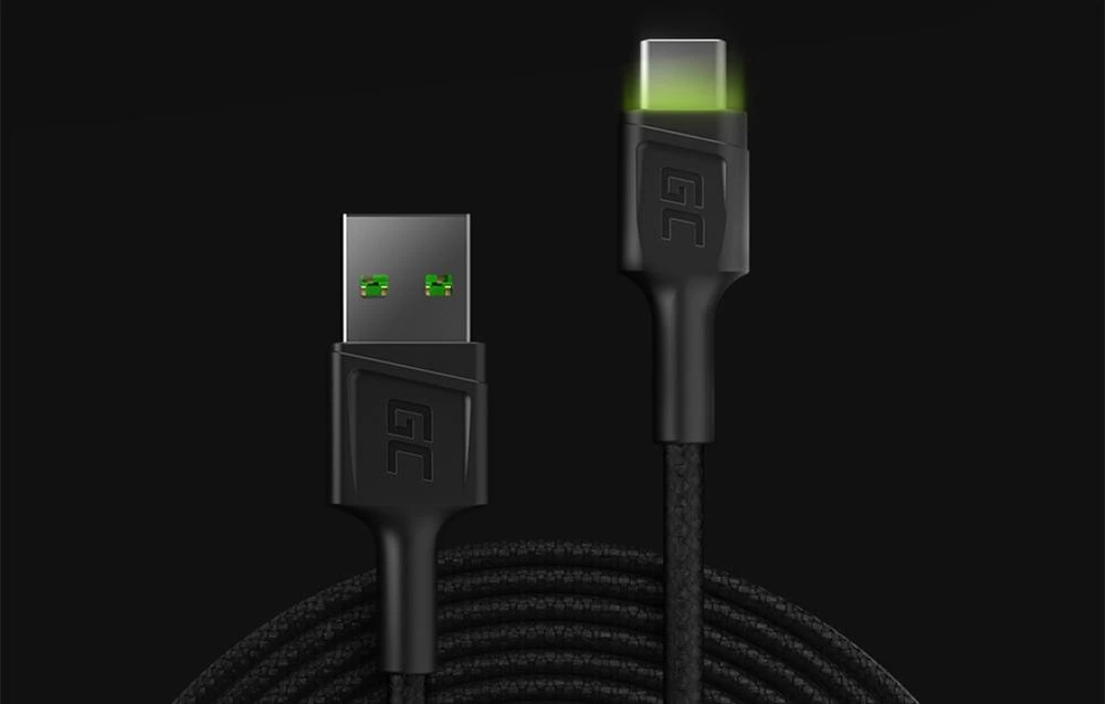 Green Cell Žalias Cell Cable Žalias Cell Ray USB-A - USB-C Žalias LED 200cm su Ultra Charge QC3.0 greito įkrovimo palaikymu