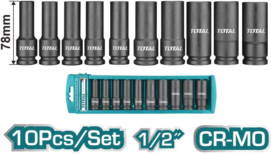 Prailgintų smūginių galvučių rinkinys TOTAL, CrMo, 1/2", 10-24mm, 10vnt.THKISD12102L