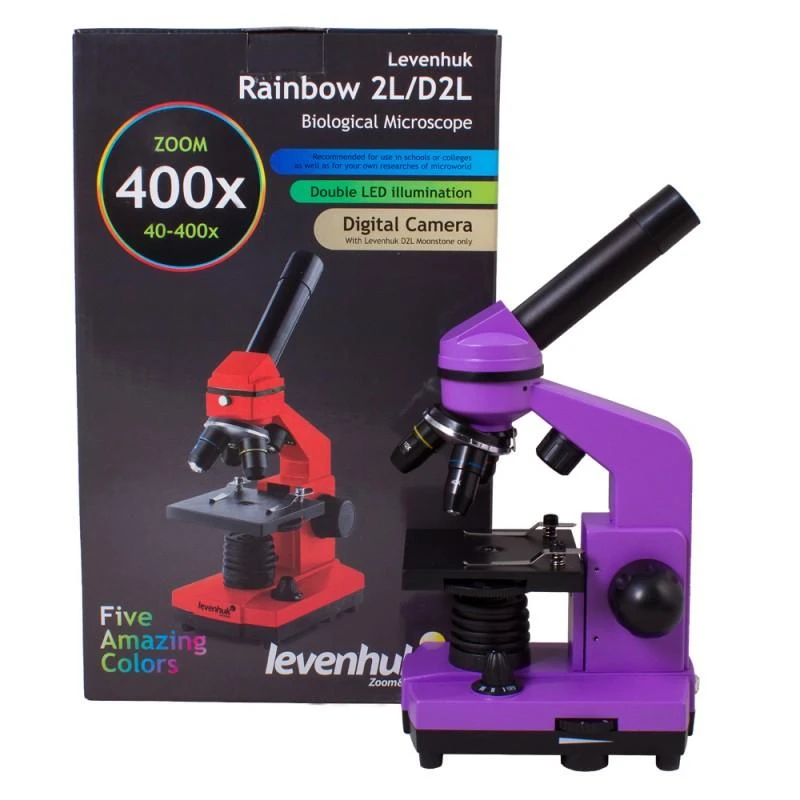 Mikroskopas Levenhuk Rainbow 2L Plus Amethyst 64x - 640x su eksperimento komplektu