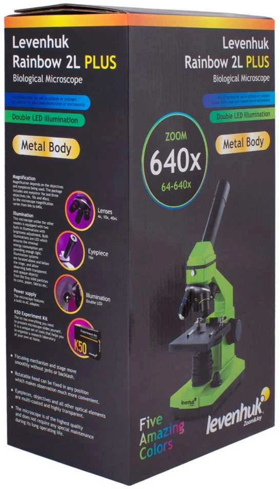 Mikroskopas Levenhuk Rainbow 2L Plus Lime 64x-640x su eksperimento komplektu