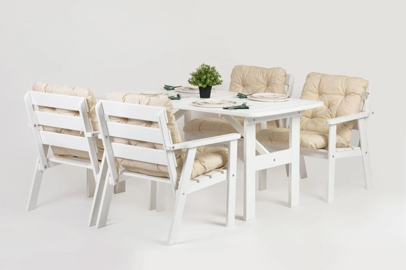 Lauko baldų komplektas, stalas ir 4 kėdės su pagalvėmis, balta + beige
