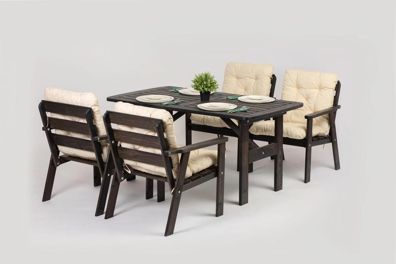 Lauko baldų komplektas, stalas ir 4 kėdės su pagalvėmis, pilka + beige