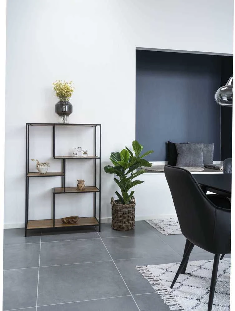 Vita neaukšta lentyna metalo rėmu ir ąžuolo spalvos lentynėlėmis, 120 cm