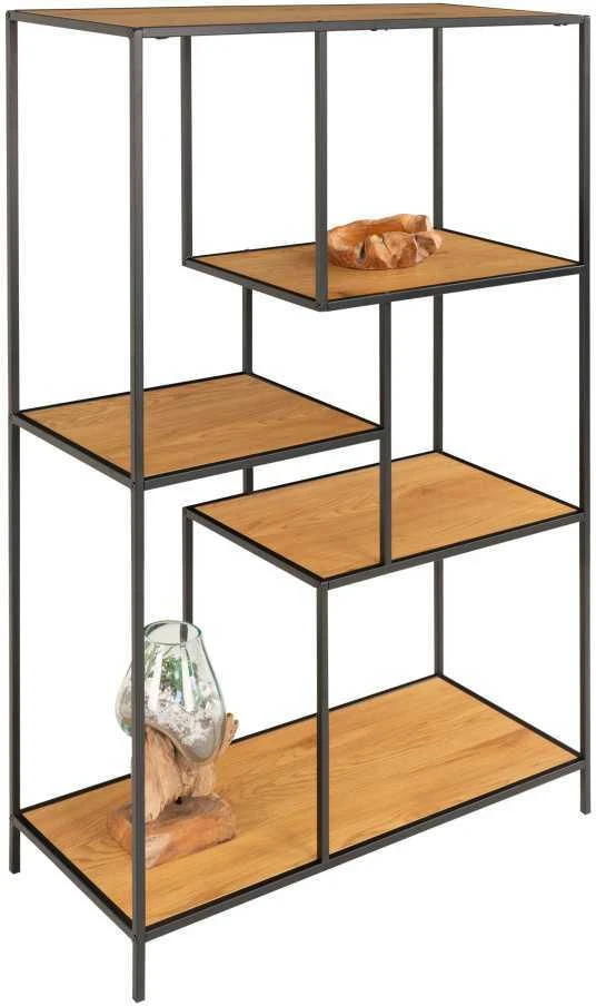 Vita neaukšta lentyna metalo rėmu ir ąžuolo spalvos lentynėlėmis, 120 cm