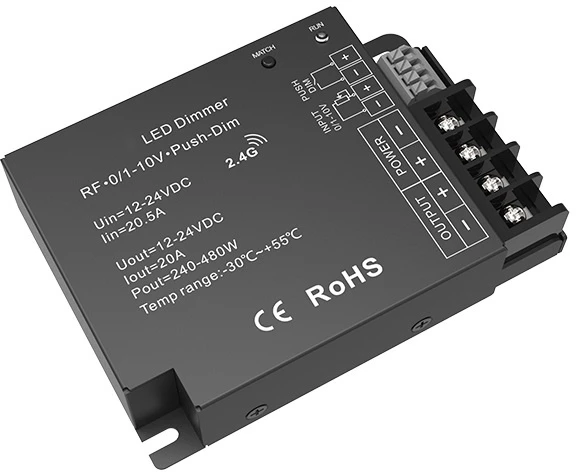 LED juostų valdymo sistemos radiobanginis imtuvas Vi-T, 0/1-10V, „Push Dim“ (trys viename) 12 - 24V 1x20A vienos spalvos