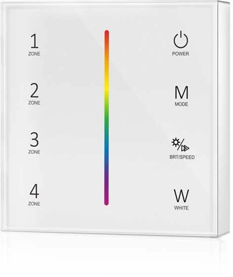 Lietimui jautrus RGBW LED juostų valdymo sistemos nuotolinis pultas T24, 4 zonos, baltas