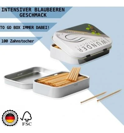 WUNDER mediniai dantų krapštukai su skoniu, MĖLYNIŲ skonio, metalinėje dėžutėje