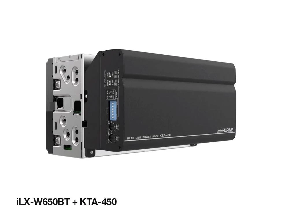 Alpine iLX-W650BT su pritvirtintu KTA-450 stiprintuvu