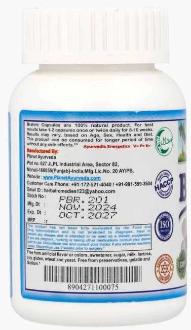 Ayumi Naturals Mėlynžiedė taškuonė Brahmi, ekologiška, Planet Ayurveda, 60 kapsulių