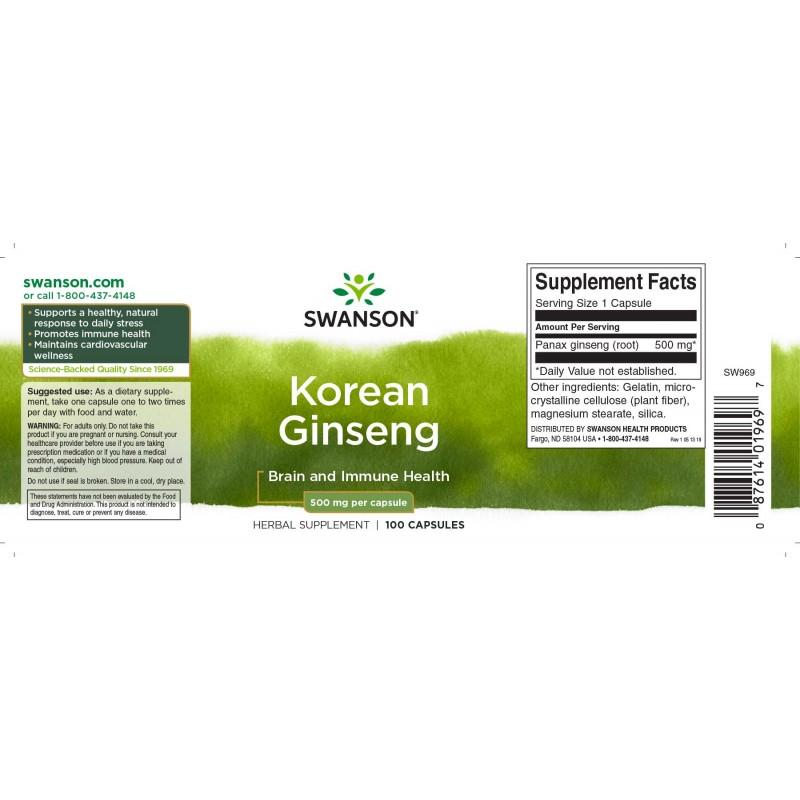 Korėjos ženšenis Korean Ginseng, Swanson, 500mg, 100 kapsulių