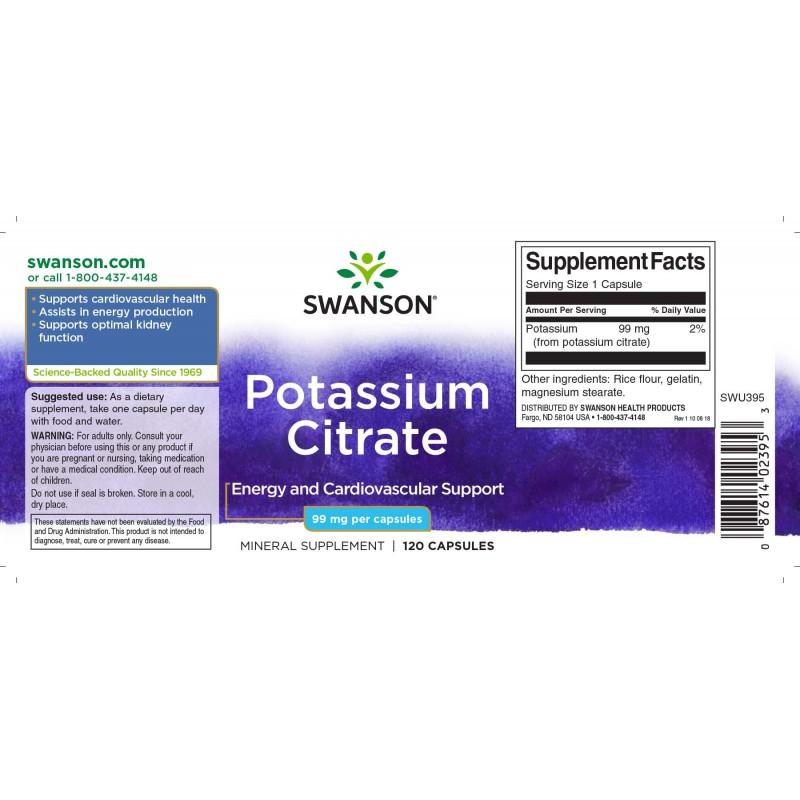 Maisto papildas Kalis Potassium Citrate, Swanson, 99mg, 120 kapsulių