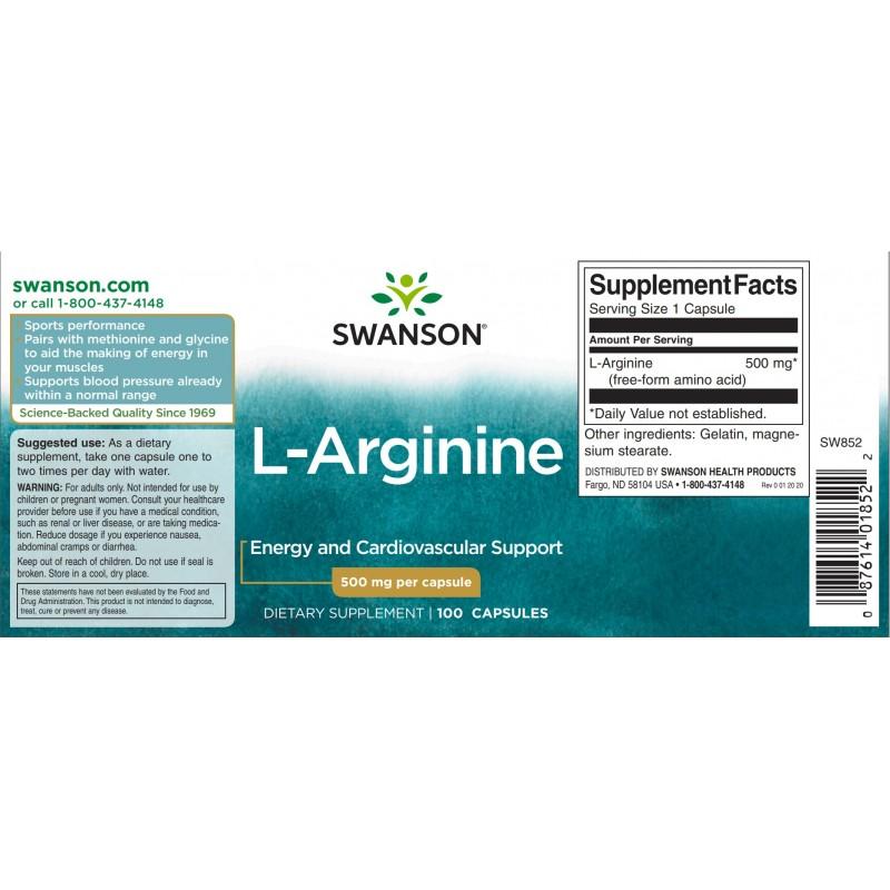 Maisto papildas L-Arginine, Swanson, 500mg, 100 kapsulių