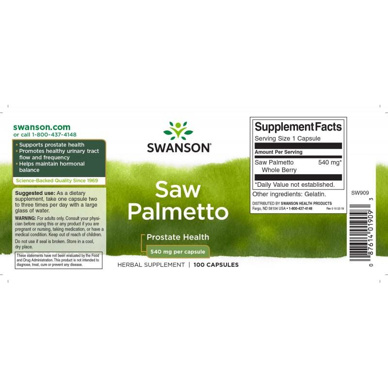 Gulsčioji serenoja Saw Palmetto, Swanson, 540mg, 100 kapsulių