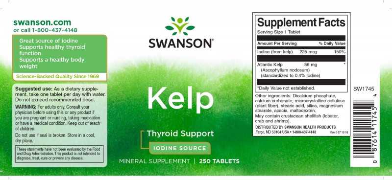 Rusvieji jūrų dumbliai Kelp, Swanson, 225mg, 250 tablečių