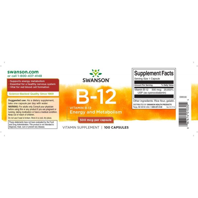 Vitaminas B12 (cianokobalaminas), Swanson, 500mg, 100 kapsulių