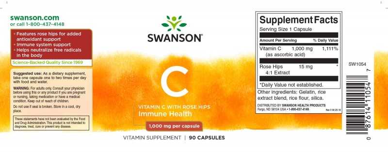 Vitaminas C su erkėčių ekstraktu, Swanson, 1000mg, 90 kapsulių