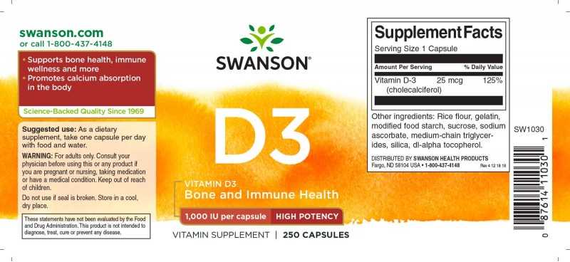 Vitaminas D3 1000TV, 25 mcg, Swanson, 250 kapsulių