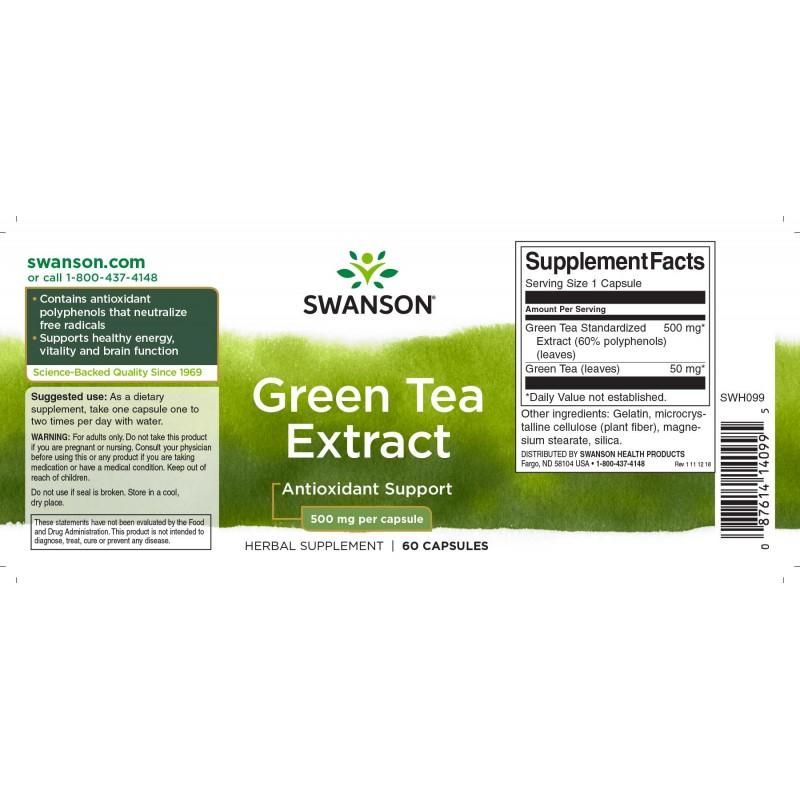 Žaliosios arbatos ekstraktas Žalias Tea, Swanson, 500mg, 60 kapsulių