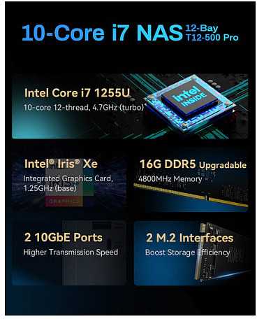 „TERRAMASTER T12-500 Pro NAS“ failų serveris su „Intel Core i7-1255U“, 16 GB RAM, 12 lizdų