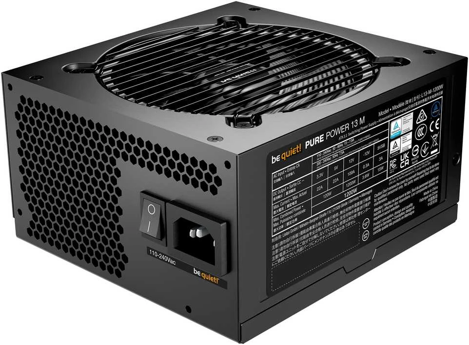 „Be Quiet! Pure Power 13M 80 PLUS Gold“ maitinimo šaltinis, ATX 3.1, PCIe 5.1 × 1200 vatų, Juodas