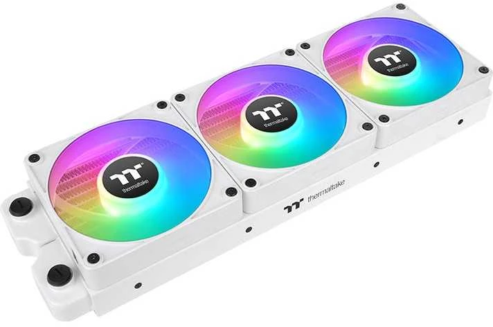 Trys sujungti Thermaltake CT120 EX ARGB balti ventiliatoriai