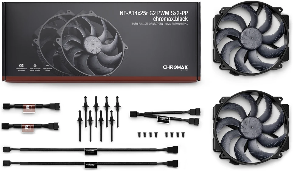 Noctua NF-A14X25r G2 PWM Sx2-PP chromax.juodas fan, LCP – juodas, 140mm, 2-pack