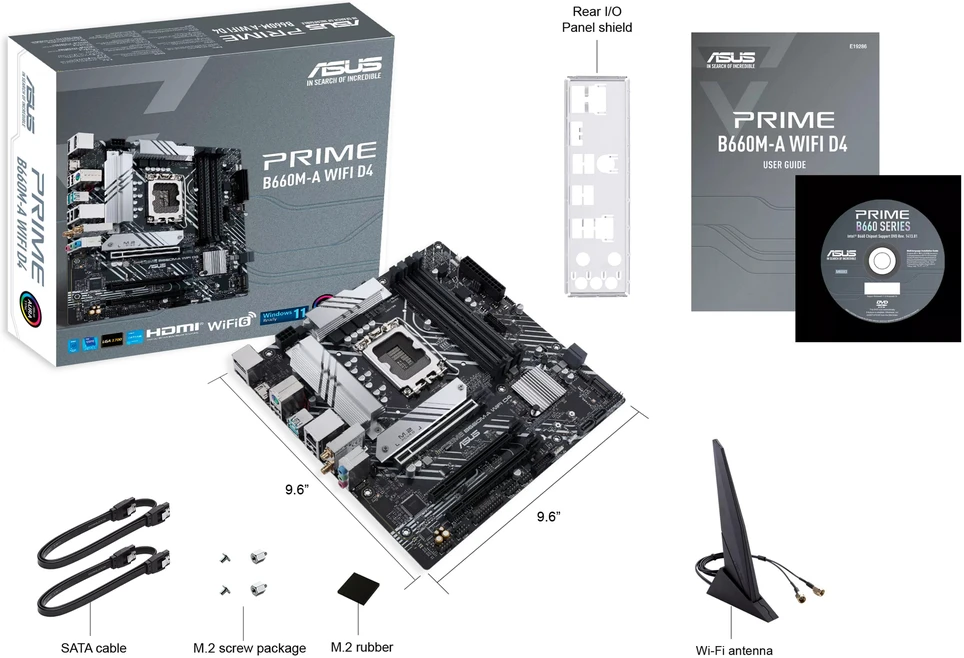 Pagrindinė plokštė ASUS Intel B660 / LGA1700 / MicroATX / Memory DDR4 / Atminties lizdai 4 / 1xPCI-Express 3.0 1x / 1xPCI-Express 3.0 4x / 1xPCI-Express 4.0 16x / 2xM.2 / 2xHDMI / 1xDisplayPort / 2xAudio-In / 1xAudio-Out / 4xUSB 2.0 / 2xUSB 3.2 / 1xPS/2 / 1xRJ45 / PRIMEB660M-AWIFID4