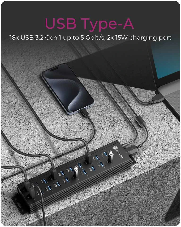 Raidsonic | 20-in-1 USB HUB su maitinimo šaltiniu, įjungimo/išjungimo mygtuku ir tvirtinimo laikikliais | IB-HUB1720-U3