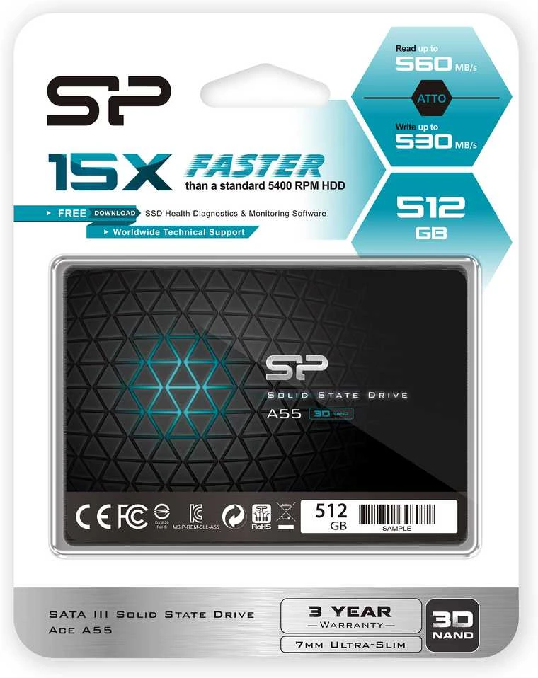 Kietasis diskas Silicon Power Ace A55 512 GB SSD 2.5, SATA III 6GB/s, 560/530 MB/s, 3D NAND