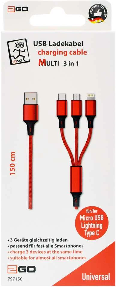 USB kabelis 2GO USB-A - USB-C + microUSB + Žaibas 1,5 m Raudona (797150)