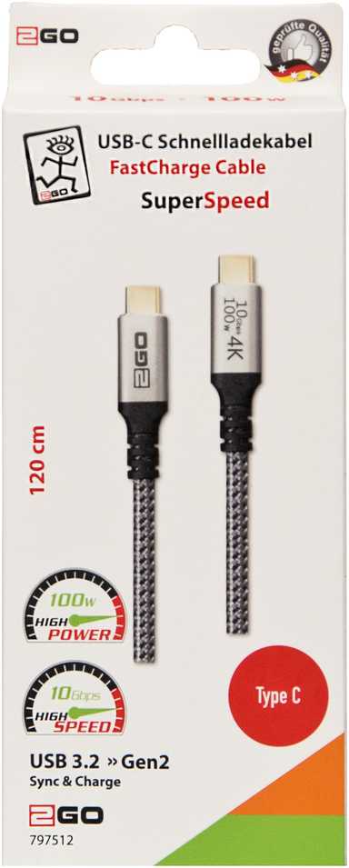 Kabelis USB 2GO USB-C - USB-C 1.2 m Sidabrinė (797512)