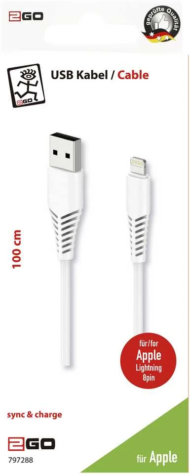 Kabelis USB 2GO Lightning - USB-B 1 m Baltas (797288)