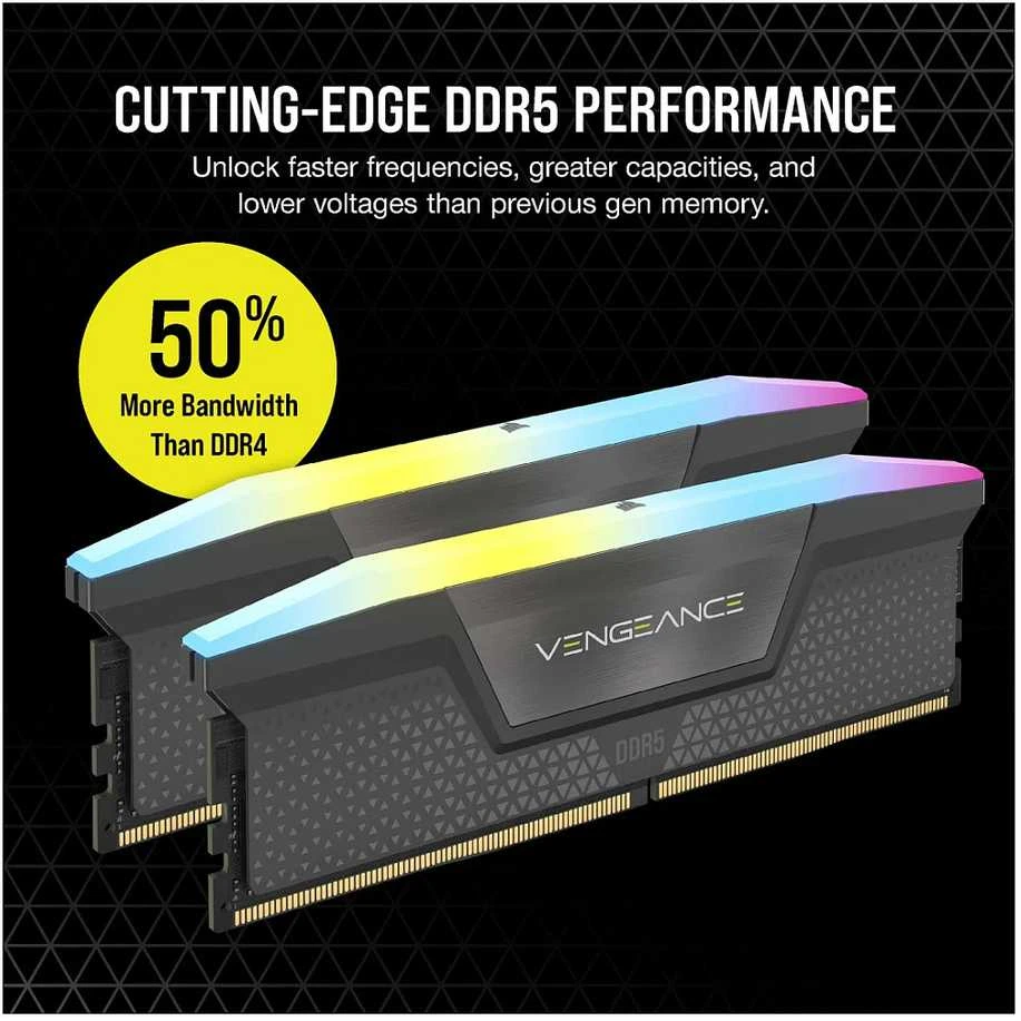 Corsair DDR5 Vengeance RGB 32 GB (2×16 GB) 6000 MHz CL38 atmintis su Intel XMP ir AMD EXPO palaikymu