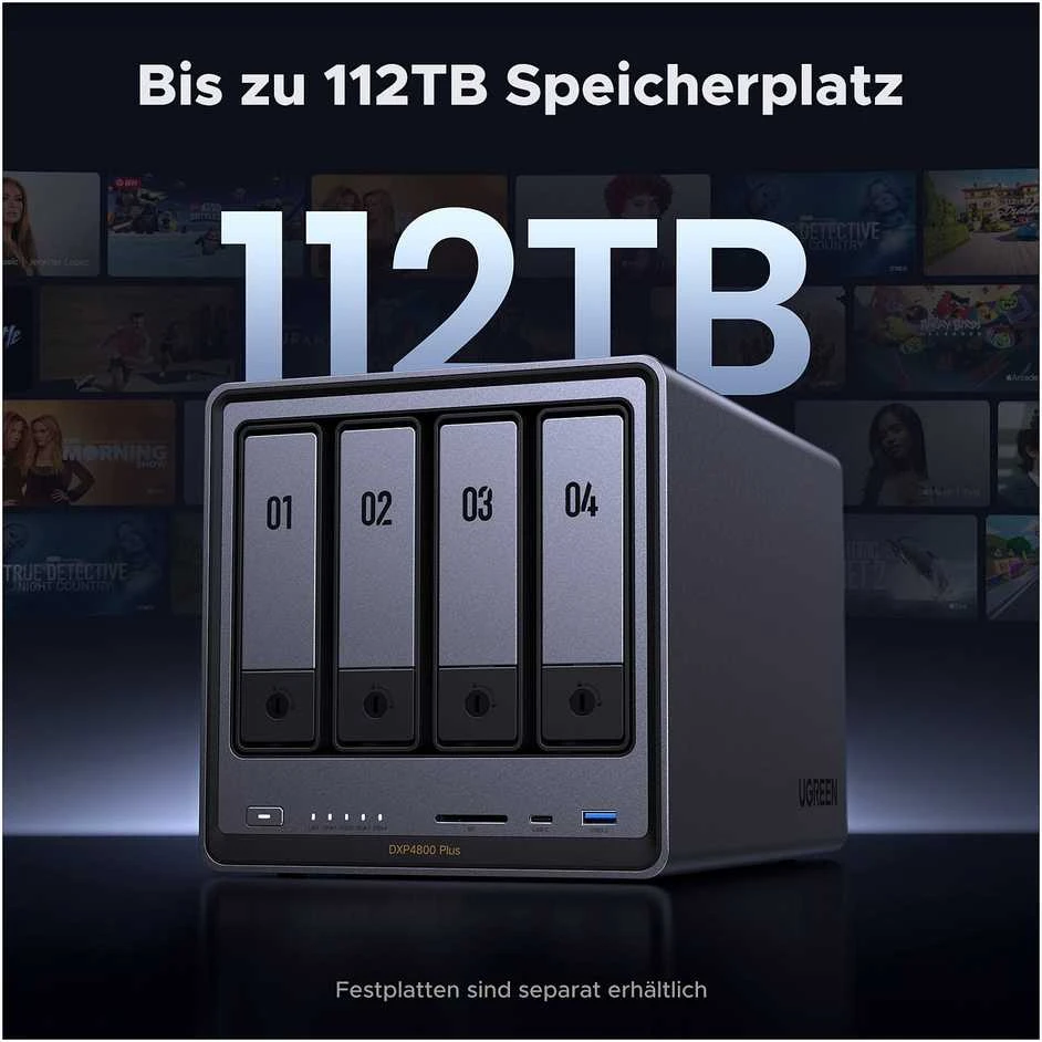 Serveris UGREEN NASync DXP4800 Plus 4 skyrių NAS 0/4 SATA, 0/2 M.2 SSD, 1 x 10 GbE + 1 x 2,5 GbE, 8 GB RAM