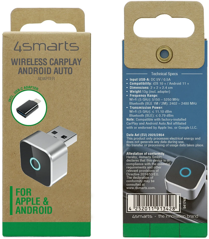 Adapteris automobilinis 4smarts transmiter Bluetooth Carplay/Android Auto sidabrinė