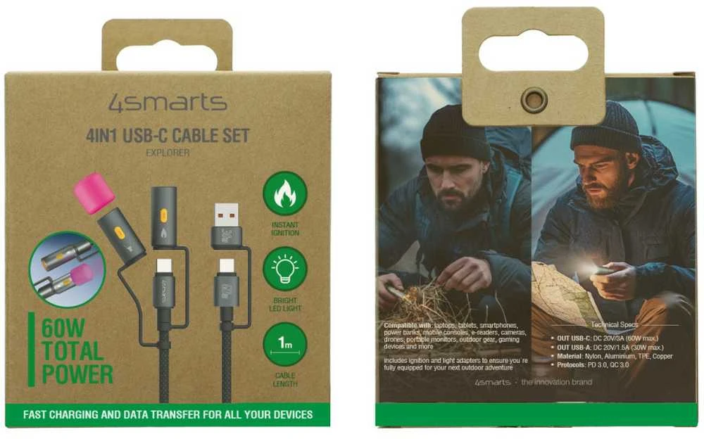 4Smarts 4in1 USB-C Cable Set Explorer 60W 1m juodas